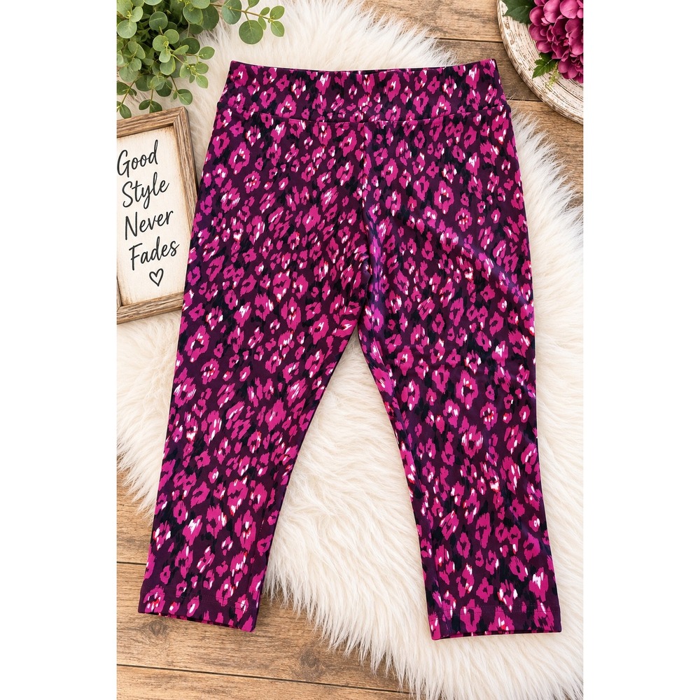 Terra & Sky Purple Pink Leopard Print Cropped Leggings 1X 16W-18W Athleisure
